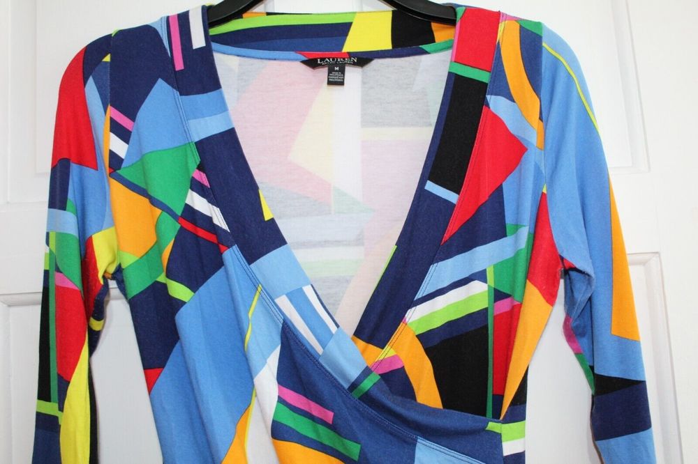 Ralph Lauren Women's  Top Size M Mock Wrap Retro Funky Colour And Pattern - Picture 3 of 8